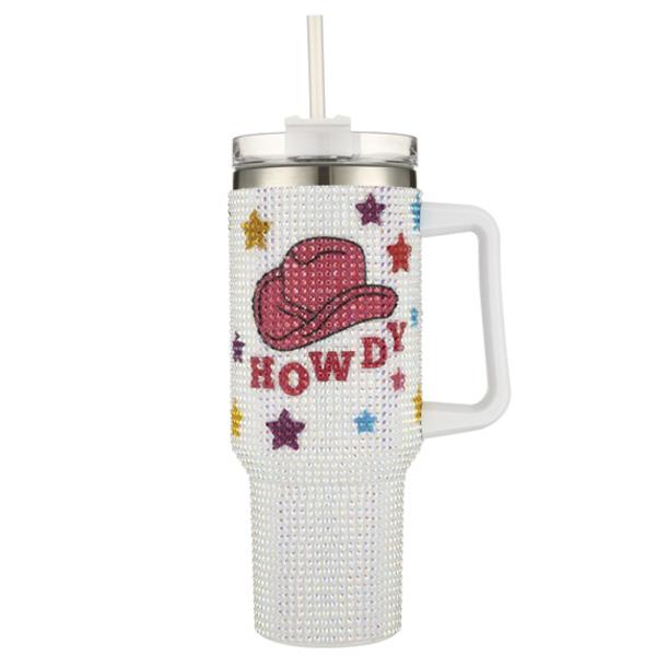 HOWDY RHINESTONE TUMBLER WITH HANDLE STRAW