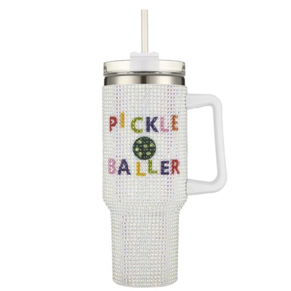 PICKLE BALLER RHINESTONE TUMBLER WITH HANDLE STRAW