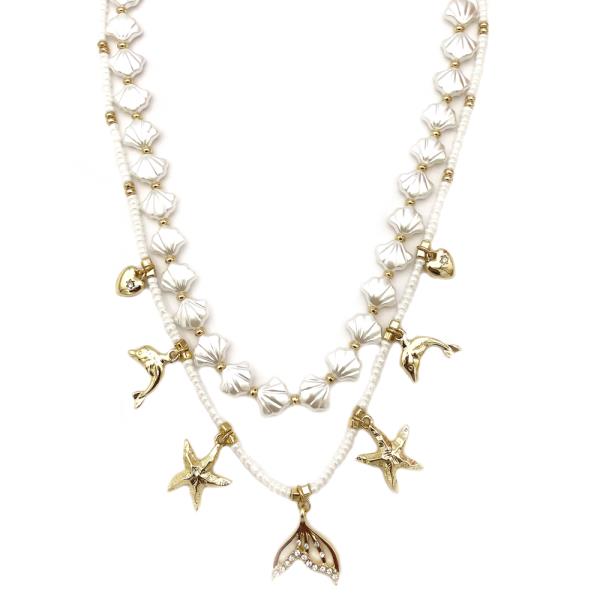 2 LAYERED SHORT MULTI SEA LIFE CHARMS PEARL NECKLACE