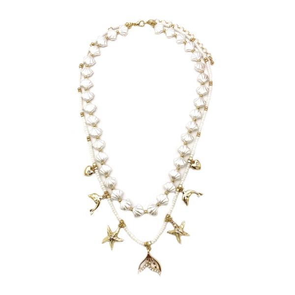 2 LAYERED SHORT MULTI SEA LIFE CHARMS PEARL NECKLACE