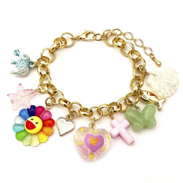 FLOWER HEART CROSS MIXED CHARM BRACELET