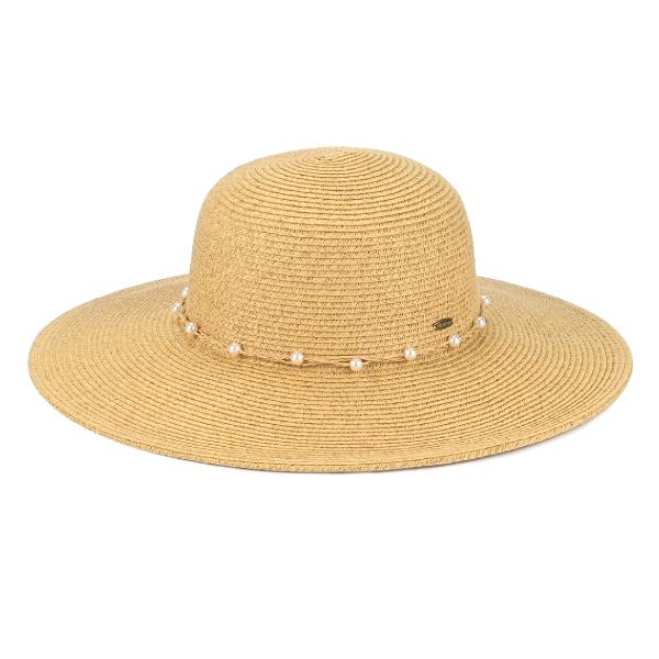 CC WIDE BRIM SUN HAT WITH PEARL TRIM BAND