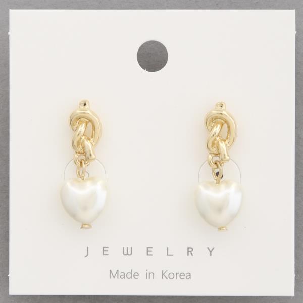 METAL KNOT PEARL HEART DANGLE EARRING