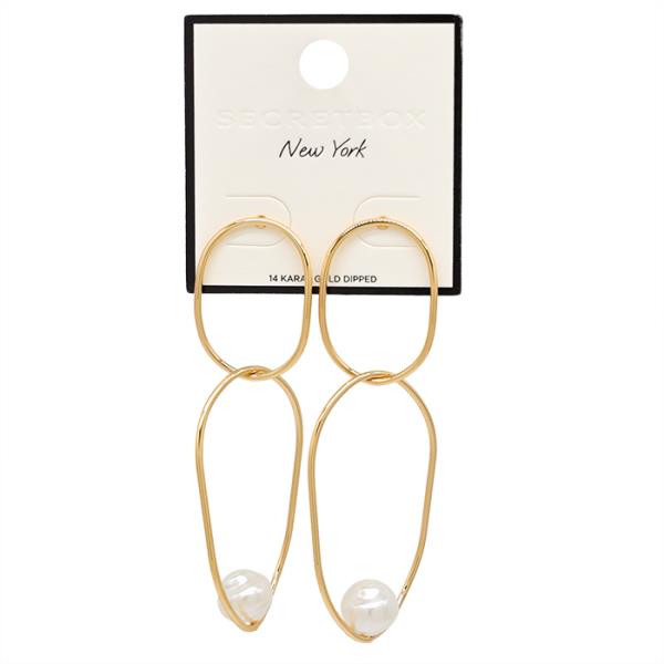 SECRET BOX 14K GOLD DIPPED OVAL CIRCLE LINK PEARL BEAD EARRING