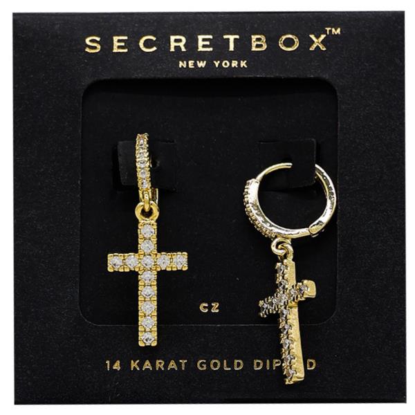 SECRET BOX 14K GOLD DIPPED CZ CROSS HUGGIE EARRING