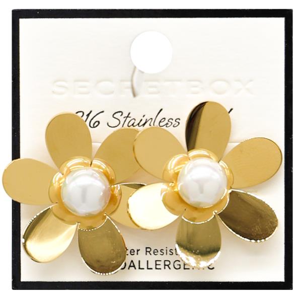 SECRET BOX STAINLESS STEEL FLOWER PEARL BEAD EARRING