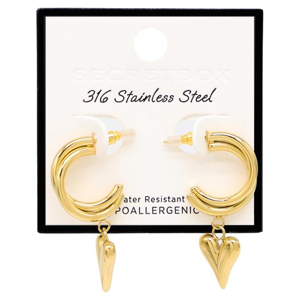 SECRET BOX STAINLESS STEEL HEART OPEN HOOP EARRING