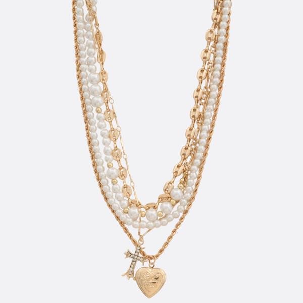 SDJ HEART CROSS CHARM PEARL BEAD LAYERED NECKLACE