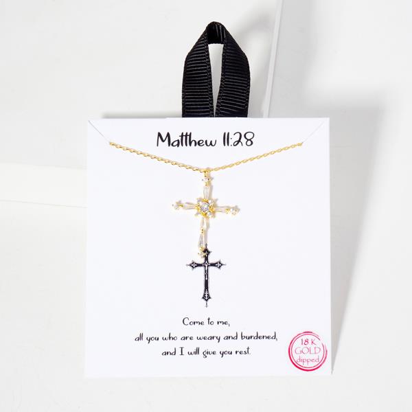 18K GOLD RHODIUM MATTHEW 11:28 CROSS NECKLACE