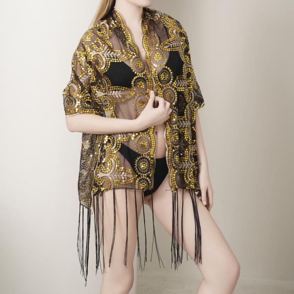 SEQUIN ROUND FLOWER MESH COVER UP WITH TASSEL