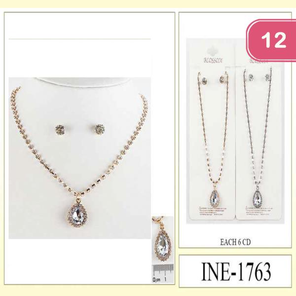 RHINESTONE TEARDROP PENDANT NECKLACE EARRING SET (12 UNITS)