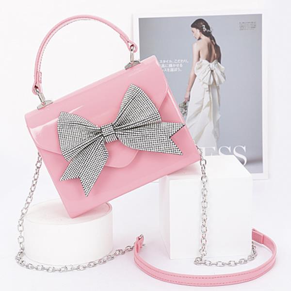 ENAMEL RHINESTONE RIBBON TOP HANDLE CLUTCH