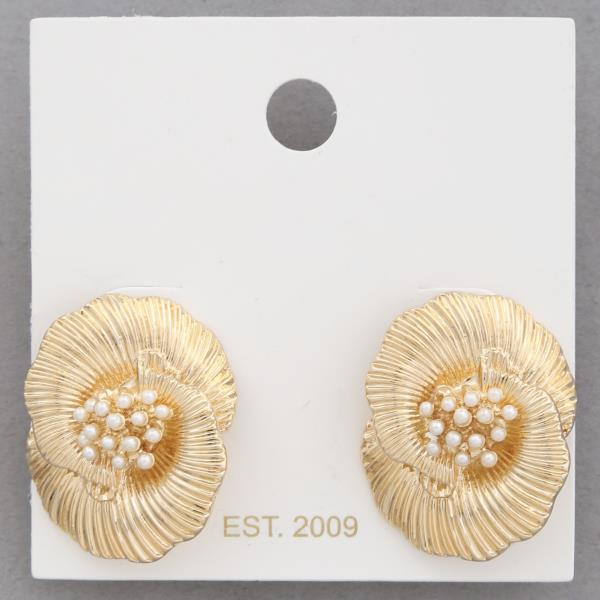 FLOWER PEARL BEAD METAL EARRING