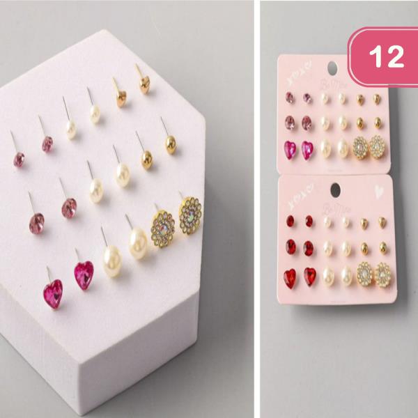 HEART PEARL STUD EARRING SET (12 UNITS)