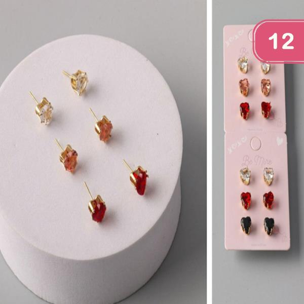 CRYSTAL HEART STUD EARRING SET (12 UNITS)