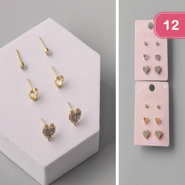 RHINESTONE HEART POST EARRING SET (12 UNITS)