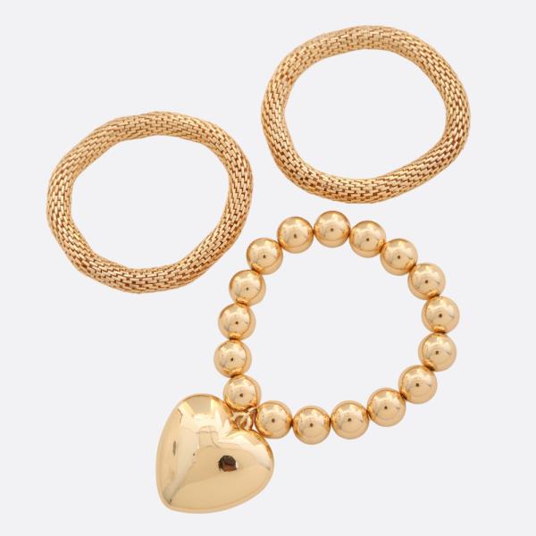 PUFFY HEART BALL BEAD BRACELET SET