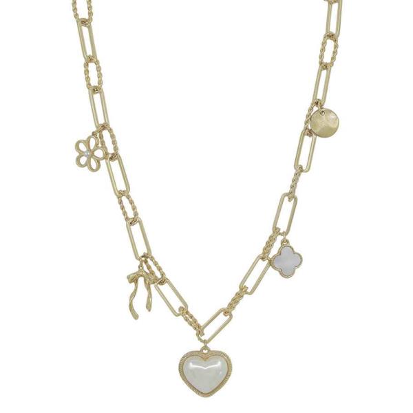 PEARL HEART, RIBBON, CLOVER, FLOWER CHARMS SHORT NECKLACE