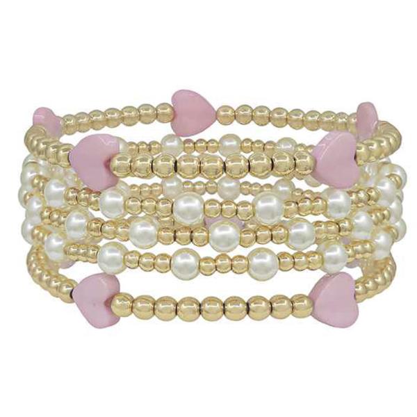 5 SET COLOR COATED HEARTS ACCENT CCB & PEARL STRETCH BRACELET