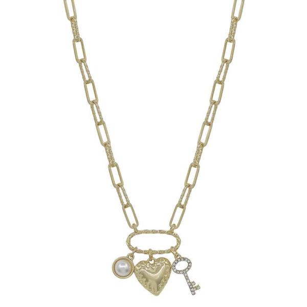 HEART, PAVE KEY, PEARL WITH OVAL METAL MULTI CHARMS SHORT NECKLACE