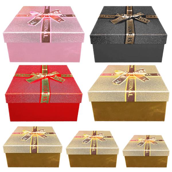 SQUARE GLITTER GIFT BOX WITH RIBBON BOW ACCENT 3 PC SET