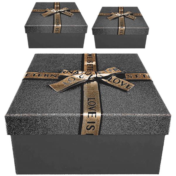 SQUARE GLITTER GIFT BOX WITH RIBBON BOW ACCENT 3 PC SET