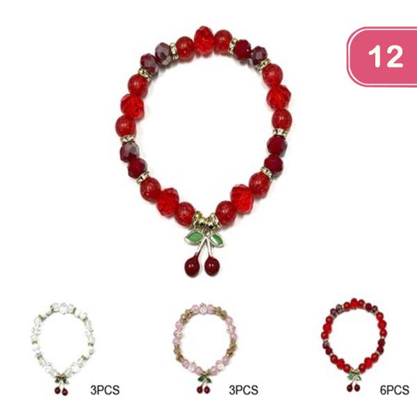 CHERRY CHARM CRYSTAL BEAD STRETCH BRACELET (12 UNITS)