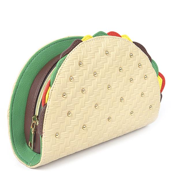 STUDDED TACO SHAPE CLUTCH BAG