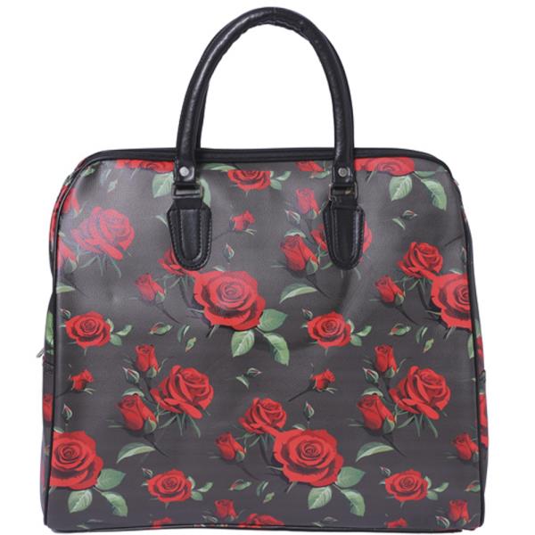 FAUX LEATHER ROSE PRINT CARRY ON TOTE TRAVEL LUGGAGE HANDBAG