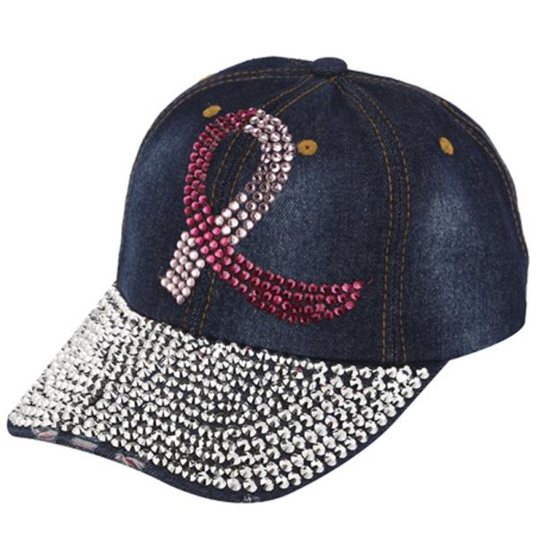 BREAST CANCER PINK RIBBON DENIM FASHION RHINESTONE CAP