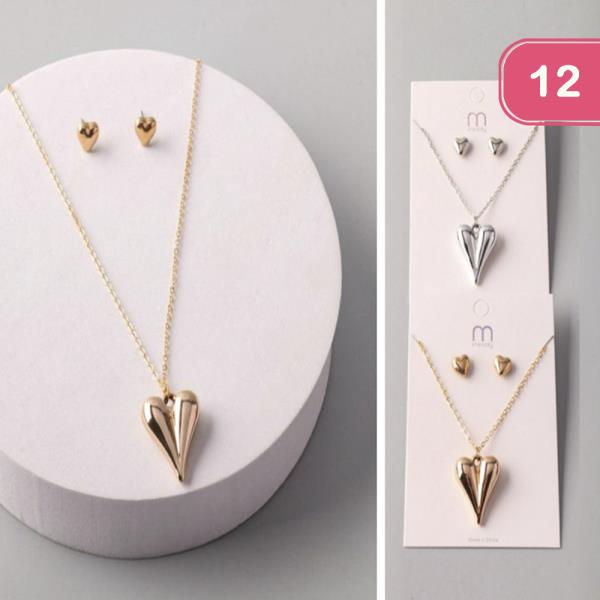 POINTED HEART NECKLACE EARRING SET (12 UNITS)