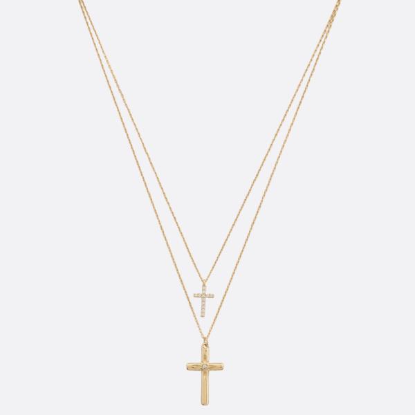 SODAJO CZ DOUBLE CROSS LAYERED GOLD DIPPED NECKLACE