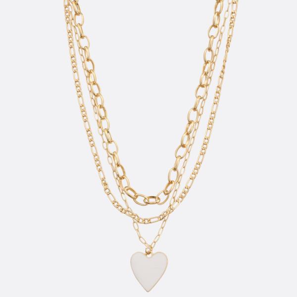 SDJ HEART PENDANT FIGARO LINK METAL LAYERED NECKLACE