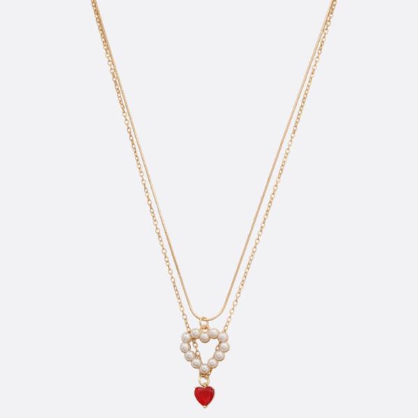 SDJ HEART PEARL RHINESTONE LAYERED NECKLACE