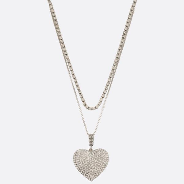 SDJ RHINESTONE HEART PENDANT LAYERED METAL NECKLACE