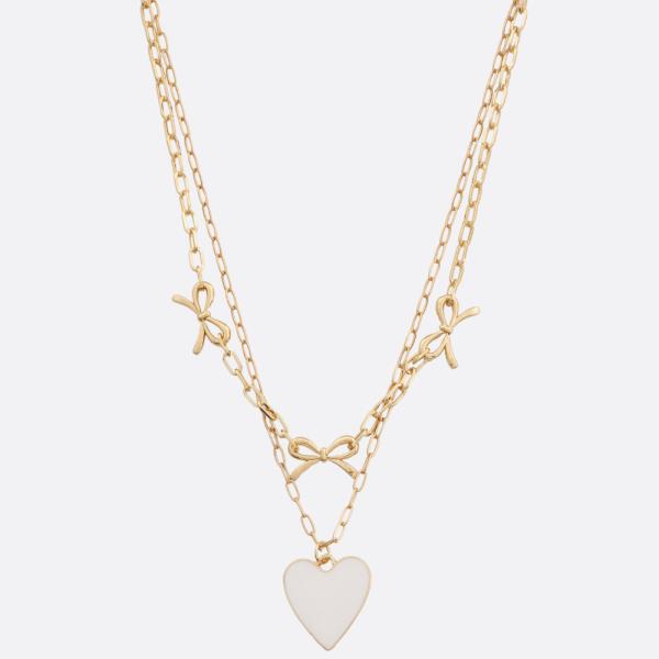 SDJ HEART PENDANT BOW STATION LAYERED METAL NECKLACE