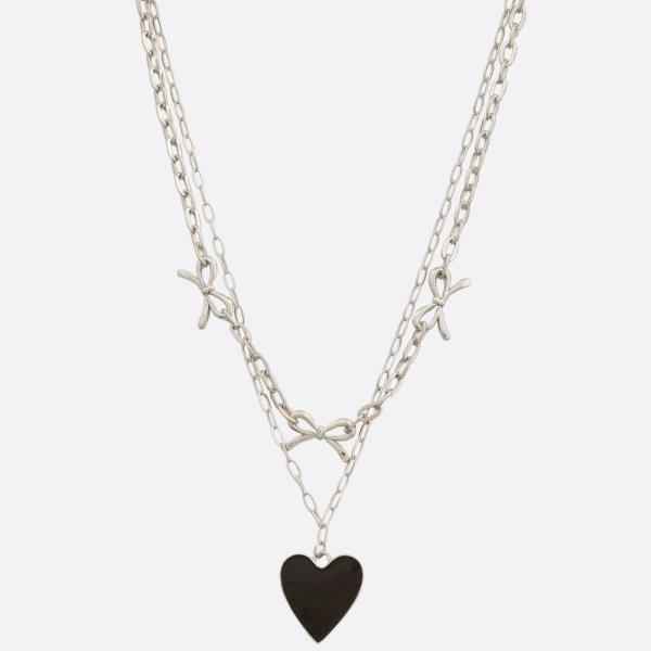 SDJ HEART PENDANT BOW STATION LAYERED METAL NECKLACE