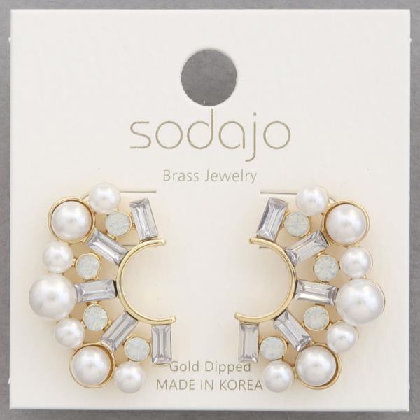 SODAJO PEARL BEAD RHINESTONE GOLD DIPPED EARRING