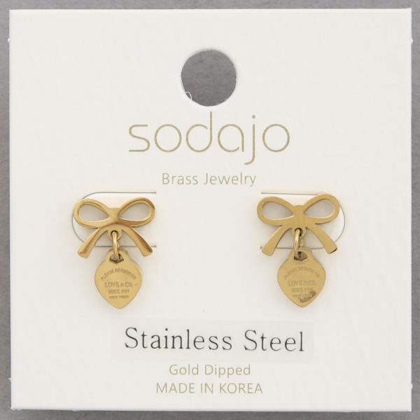 SODAJO BOW HEART LINK STAINLESS STEEL DANGLE EARRING