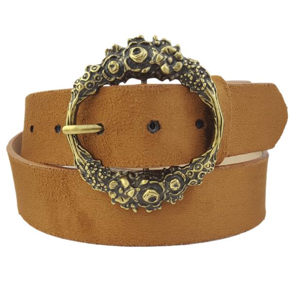 SUEDE BELT WITH FLORAL ETCHED BUCKLE