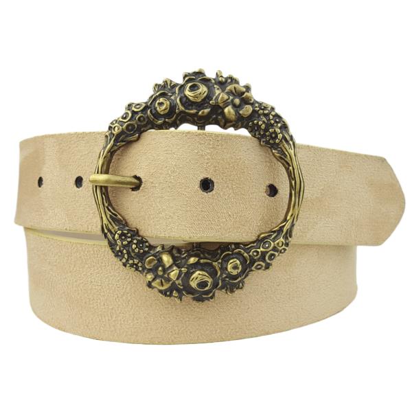 SUEDE BELT WITH FLORAL ETCHED BUCKLE