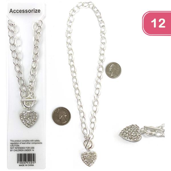 RHINESTONE HEART PENDANT NECKLACE (12 UNITS)