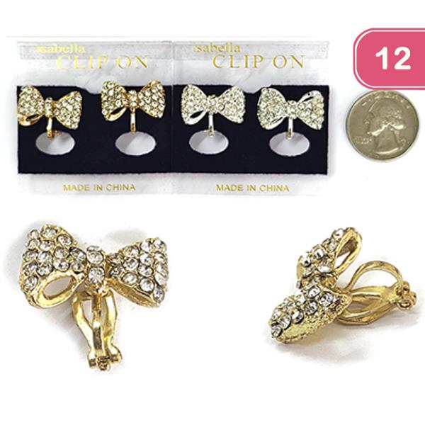 RIBBON BOW RHINESTONE CLIP ON EARRING (12 UNITS)