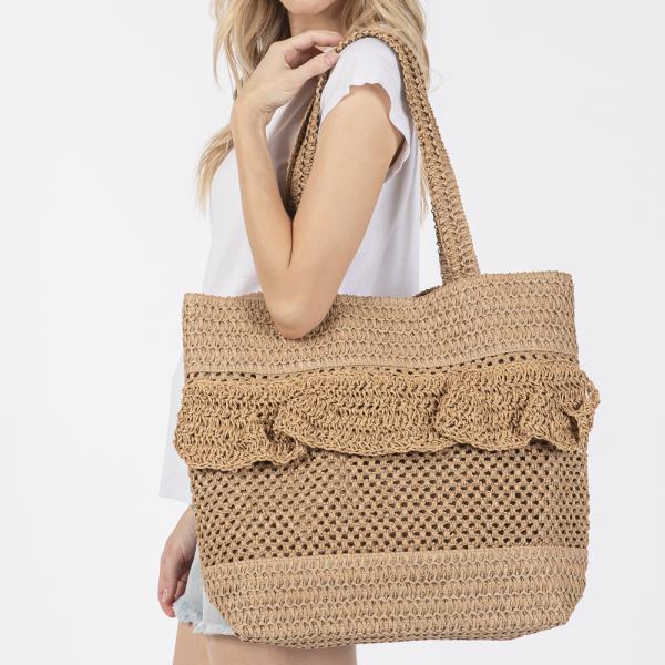 RUFFLE DETAIL CROCHET STRAW BAG