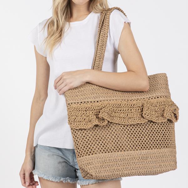 RUFFLE DETAIL CROCHET STRAW BAG