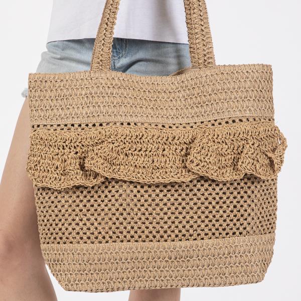 RUFFLE DETAIL CROCHET STRAW BAG