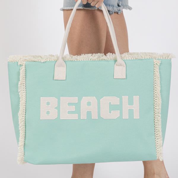 EMBROIDERED BEACH LETTER FRINGE TOTE BAG