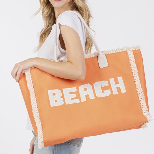 EMBROIDERED BEACH LETTER FRINGE TOTE BAG