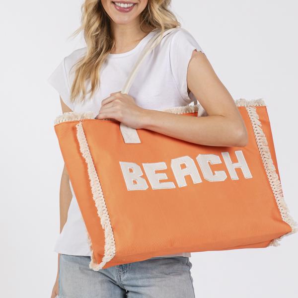 EMBROIDERED BEACH LETTER FRINGE TOTE BAG