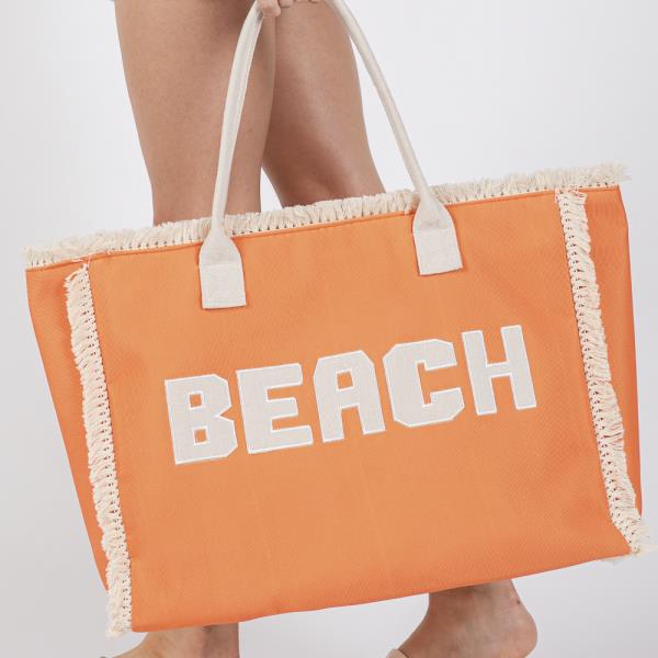 EMBROIDERED BEACH LETTER FRINGE TOTE BAG